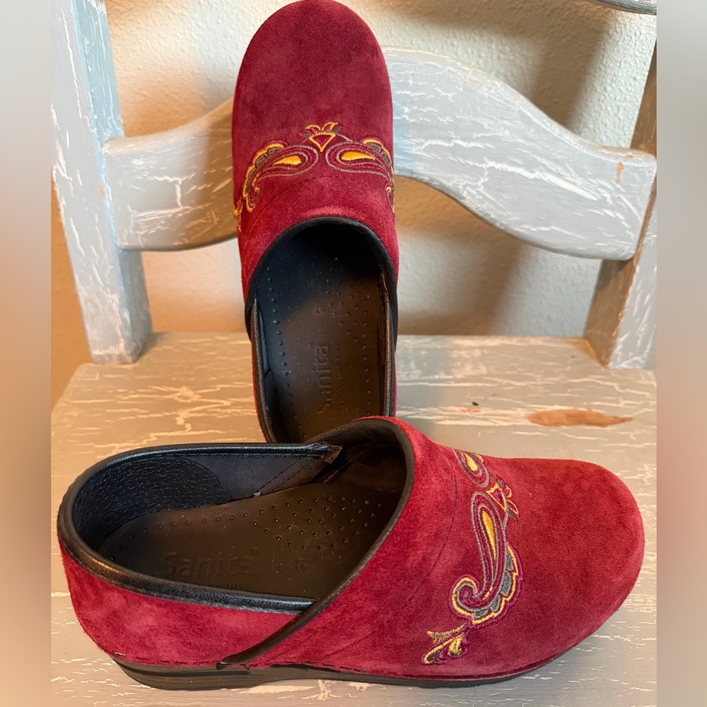 Sanita Burgundy Suede Mules with Gold Embroidered Accent